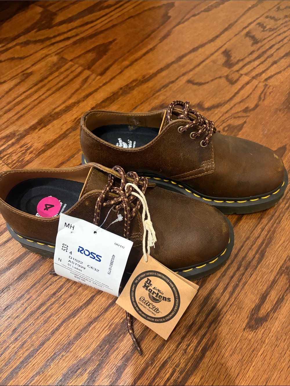 Dr. Martens Brown Leather Low-Top Derby Shoes with Yellow Welt Stitching